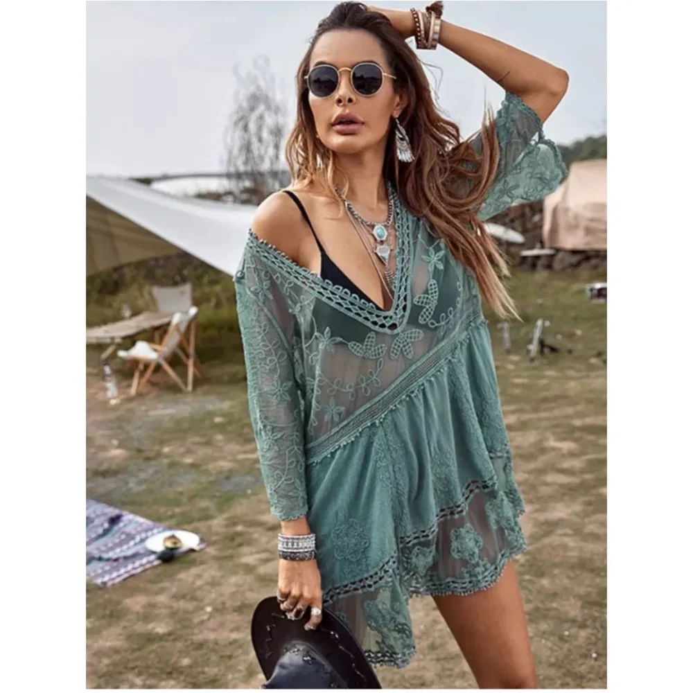 New Bohemian V Neck Crochet Mesh Dress - Picture 2 of 5